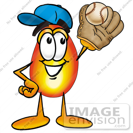 #23943 Clip Art Graphic of a Fire Cartoon Character Catching a Baseball With a Glove by toons4biz