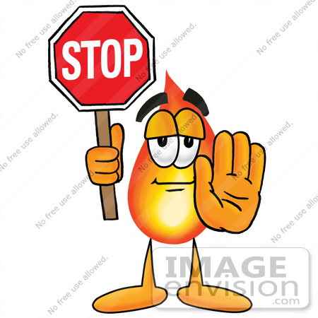 #23944 Clip Art Graphic of a Fire Cartoon Character Holding a Stop Sign by toons4biz