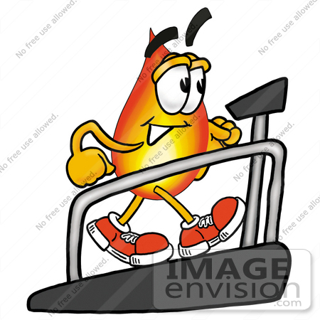 #23951 Clip Art Graphic of a Fire Cartoon Character Walking on a Treadmill in a Fitness Gym by toons4biz