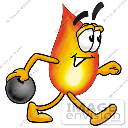 #23952 Clip Art Graphic of a Fire Cartoon Character Holding a Bowling Ball by toons4biz