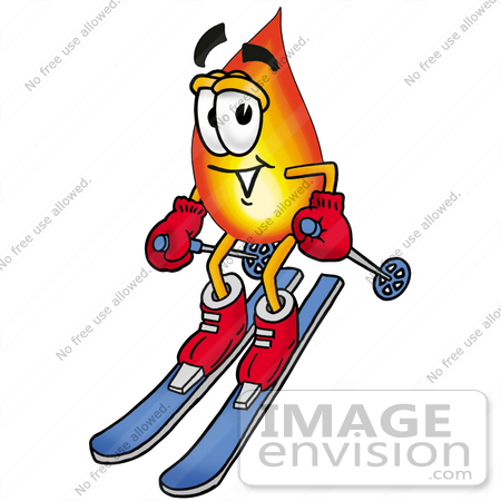 #23955 Clip Art Graphic of a Fire Cartoon Character Skiing Downhill by toons4biz
