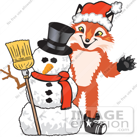 #23962 Clipart Picture of a Fox Mascot Cartoon Character With a Snowman on Christmas by toons4biz