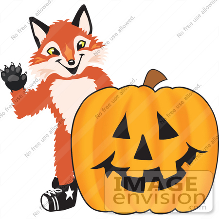 #23966 Clipart Picture of a Fox Mascot Cartoon Character With a Carved Halloween Pumpkin by toons4biz