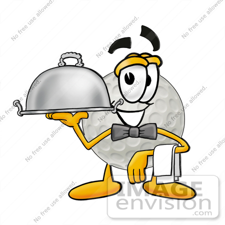 #23974 Clip Art Graphic of a Golf Ball Cartoon Character Dressed as a Waiter and Holding a Serving Platter by toons4biz