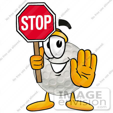 #23976 Clip Art Graphic of a Golf Ball Cartoon Character Holding a Stop Sign by toons4biz