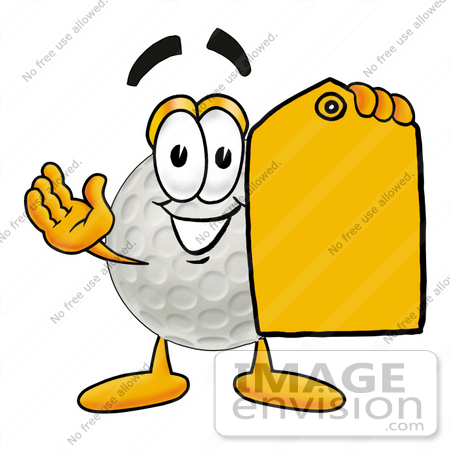 #23977 Clip Art Graphic of a Golf Ball Cartoon Character Holding a Yellow Sales Price Tag by toons4biz