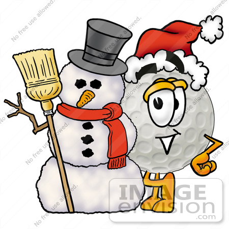 #23979 Clip Art Graphic of a Golf Ball Cartoon Character With a Snowman on Christmas by toons4biz