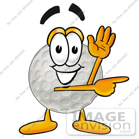 #23985 Clip Art Graphic of a Golf Ball Cartoon Character Waving and Pointing by toons4biz