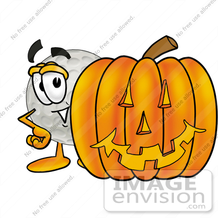 #23986 Clip Art Graphic of a Golf Ball Cartoon Character With a Carved Halloween Pumpkin by toons4biz