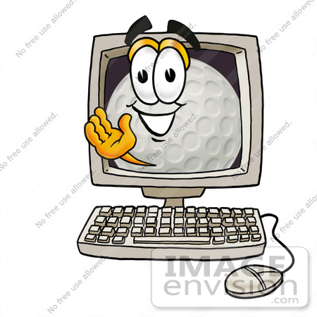 #23995 Clip Art Graphic of a Golf Ball Cartoon Character Waving From Inside a Computer Screen by toons4biz