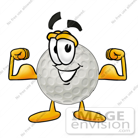 #24000 Clip Art Graphic of a Golf Ball Cartoon Character Flexing His Arm Muscles by toons4biz