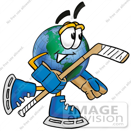 #24004 Clip Art Graphic of a World Globe Cartoon Character Playing Ice Hockey by toons4biz