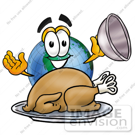 #24005 Clip Art Graphic of a World Globe Cartoon Character Serving a Thanksgiving Turkey on a Platter by toons4biz