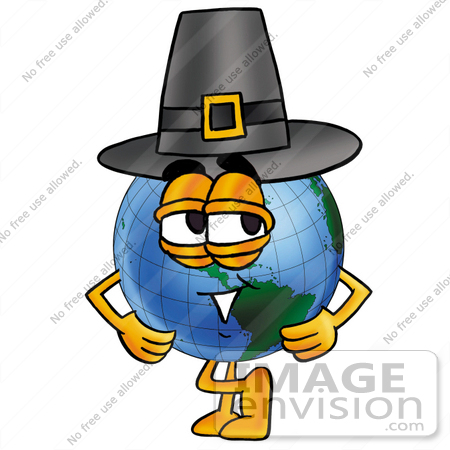 #24006 Clip Art Graphic of a World Globe Cartoon Character Wearing a Pilgrim Hat on Thanksgiving by toons4biz
