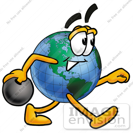 #24010 Clip Art Graphic of a World Globe Cartoon Character Holding a Bowling Ball by toons4biz