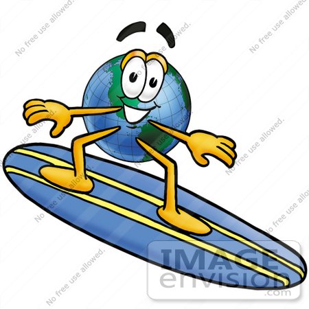 #24011 Clip Art Graphic of a World Globe Cartoon Character Surfing on a Blue and Yellow Surfboard by toons4biz