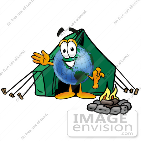 #24012 Clip Art Graphic of a World Globe Cartoon Character Camping With a Tent and Fire by toons4biz