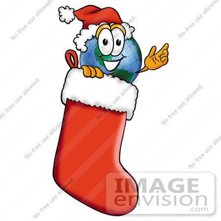 #24014 Clip Art Graphic of a World Globe Cartoon Character Wearing a Santa Hat Inside a Red Christmas Stocking by toons4biz
