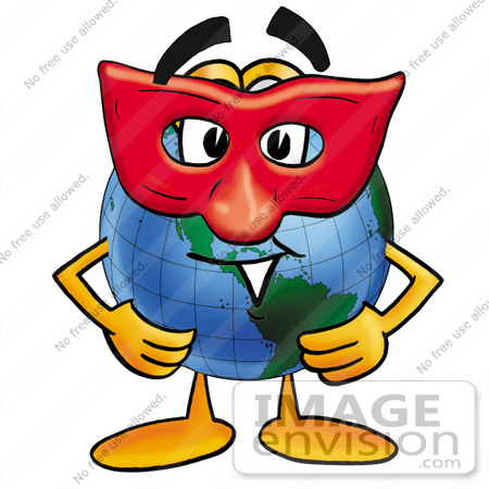 #24015 Clip Art Graphic of a World Globe Cartoon Character Wearing a Red Mask Over His Face by toons4biz