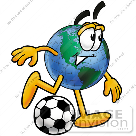 #24016 Clip Art Graphic of a World Globe Cartoon Character Kicking a Soccer Ball by toons4biz