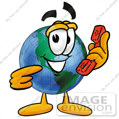 #24017 Clip Art Graphic of a World Globe Cartoon Character Holding a Telephone by toons4biz