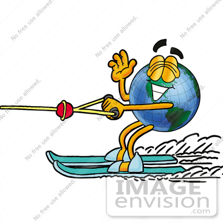#24018 Clip Art Graphic of a World Globe Cartoon Character Waving While Water Skiing by toons4biz