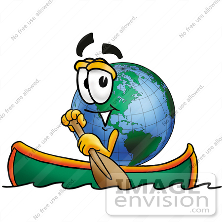 #24020 Clip Art Graphic of a World Globe Cartoon Character Rowing a Boat by toons4biz