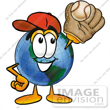 #24021 Clip Art Graphic of a World Globe Cartoon Character Catching a Baseball With a Glove by toons4biz