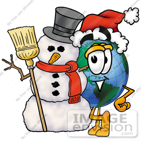 #24022 Clip Art Graphic of a World Globe Cartoon Character With a Snowman on Christmas by toons4biz