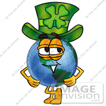 #24023 Clip Art Graphic of a World Globe Cartoon Character Wearing a Saint Patricks Day Hat With a Clover on it by toons4biz