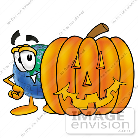 #24024 Clip Art Graphic of a World Globe Cartoon Character With a Carved Halloween Pumpkin by toons4biz