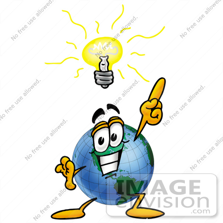 #24025 Clip Art Graphic of a World Globe Cartoon Character With a Bright Idea by toons4biz