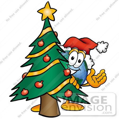 #24026 Clip Art Graphic of a World Globe Cartoon Character Waving and Standing by a Decorated Christmas Tree by toons4biz