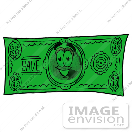 #24028 Clip Art Graphic of a World Globe Cartoon Character on a Dollar Bill by toons4biz