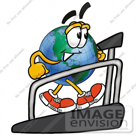 #24030 Clip Art Graphic of a World Globe Cartoon Character Walking on a Treadmill in a Fitness Gym by toons4biz