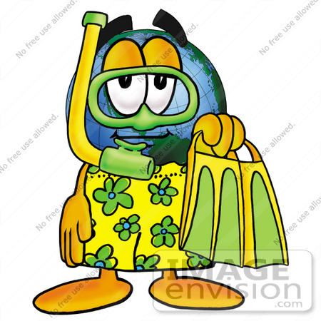 #24031 Clip Art Graphic of a World Globe Cartoon Character in Green and Yellow Snorkel Gear by toons4biz