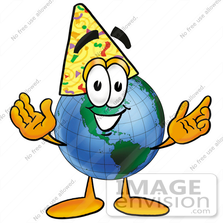 #24033 Clip Art Graphic of a World Globe Cartoon Character Wearing a Birthday Party Hat by toons4biz