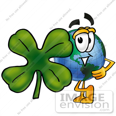 #24034 Clip Art Graphic of a World Globe Cartoon Character With a Green Four Leaf Clover on St Paddy’s or St Patricks Day by toons4biz