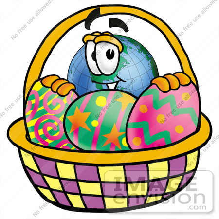 #24038 Clip Art Graphic of a World Globe Cartoon Character in an Easter Basket Full of Decorated Easter Eggs by toons4biz