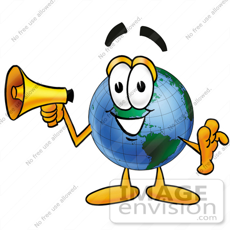 #24039 Clip Art Graphic of a World Globe Cartoon Character Holding a Megaphone by toons4biz