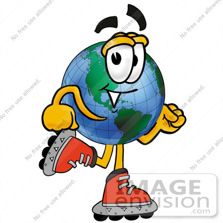 #24042 Clip Art Graphic of a World Globe Cartoon Character Roller Blading on Inline Skates by toons4biz