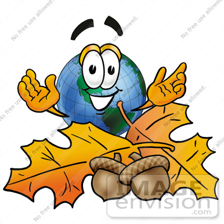 #24043 Clip Art Graphic of a World Globe Cartoon Character With Autumn Leaves and Acorns in the Fall by toons4biz