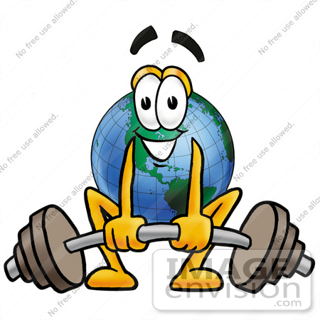 #24045 Clip Art Graphic of a World Globe Cartoon Character Lifting a Heavy Barbell by toons4biz