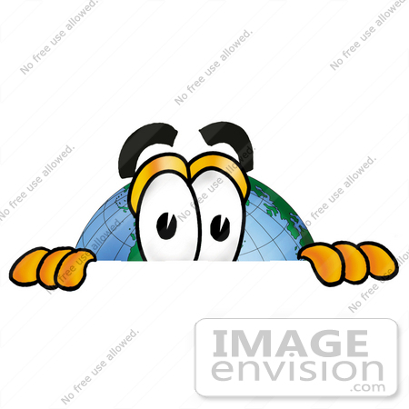 #24046 Clip Art Graphic of a World Globe Cartoon Character Peeking Over a Surface by toons4biz