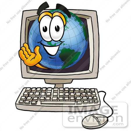 #24049 Clip Art Graphic of a World Globe Cartoon Character Waving From Inside a Computer Screen by toons4biz