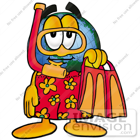 #24050 Clip Art Graphic of a World Globe Cartoon Character in Orange and Red Snorkel Gear by toons4biz