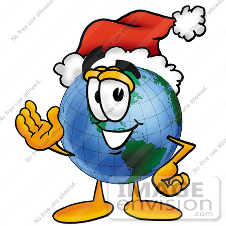 #24051 Clip Art Graphic of a World Globe Cartoon Character Wearing a Santa Hat and Waving by toons4biz