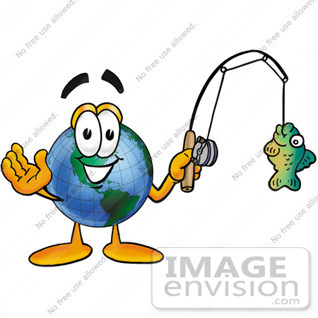 #24052 Clip Art Graphic of a World Globe Cartoon Character Holding a Fish on a Fishing Pole by toons4biz