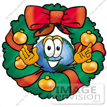 #24053 Clip Art Graphic of a World Globe Cartoon Character in the Center of a Christmas Wreath by toons4biz