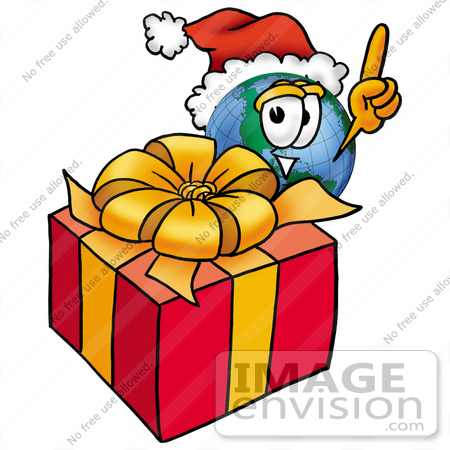 #24054 Clip Art Graphic of a World Globe Cartoon Character Standing by a Christmas Present by toons4biz